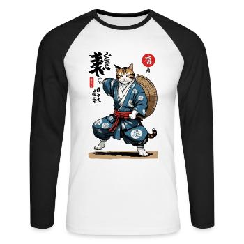 Chat Samouraï Vintage Ukiyo-E Style Asiatique - T-shirt baseball manches longues Homme - blanc/noir - Devant - Nik (191cm)
