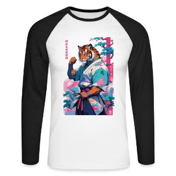 Tiger Yokai Vaporwave Aesthetic Samurai Art - Unisex Long Sleeve Baseball T-Shirt - white/black - Front - Nik (191cm)
