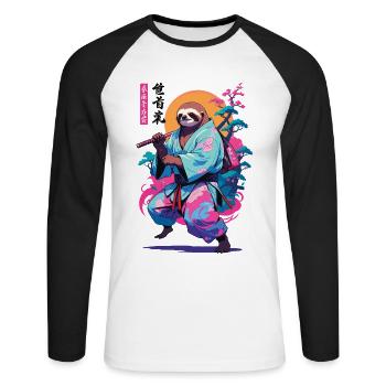 Esthétique Samouraï Paresseux Style Vaporwave - T-shirt baseball manches longues Homme - blanc/noir - Devant - Nik (191cm)
