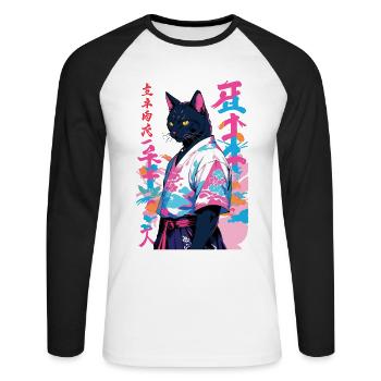 Samurai Katze Vaporwave Aesthetic Samurai Kunst - Unisex Baseballshirt langarm - Weiß/Schwarz - Vorne - Nik (191cm)
