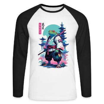 Grenouille samouraï Esthétique Style Vaporwave - T-shirt baseball manches longues Homme - blanc/noir - Devant - Nik (191cm)