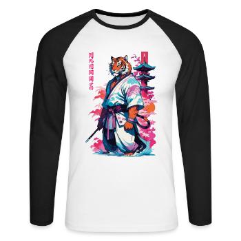 Tiger Yokai Vaporwave Aesthetic Samurai Kunst - Unisex Baseballshirt langarm - Weiß/Schwarz - Vorne - Nik (191cm)