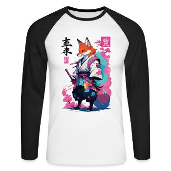 Kitsune Samurai Fuchs Aesthetic Vaporwave Stil - Unisex Baseballshirt langarm - Weiß/Schwarz - Vorne - Nik (191cm)