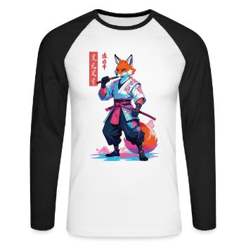 Kitsune Samurai Fox Esthétique Style Vaporwave - T-shirt baseball manches longues Homme - blanc/noir - Devant - Nik (191cm)