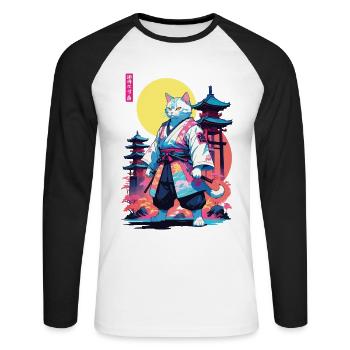 Samurai Cat Vaporwave Aesthetic Design - Unisex Long Sleeve Baseball T-Shirt - white/black - Front - Nik (191cm)