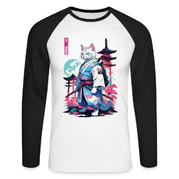Chat Samouraï Vaporwave Esthétique Style Japon - T-shirt baseball manches longues Homme - blanc/noir - Devant - Nik (191cm)