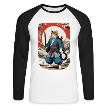 Samurai Cat Vintage Ukiyo E Japanese - Unisex Long Sleeve Baseball T-Shirt - white/black - Front - Nik (191cm)