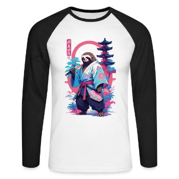 Esthétique Samouraï Paresseux Style Vaporwave - T-shirt baseball manches longues Homme - blanc/noir - Devant - Nik (191cm)