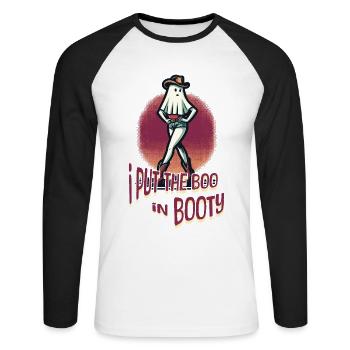 Drôle de fille d’Halloween : J’ai mis le boo dans le butin - T-shirt baseball manches longues Homme - blanc/noir - Devant - Nik (191cm)