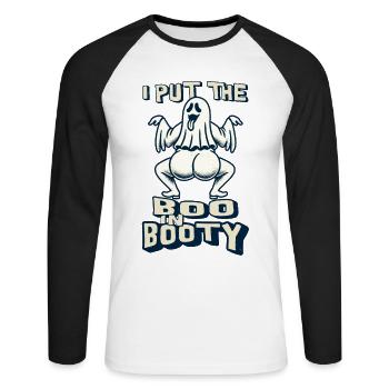 Drôle de fantôme disant que j’ai mis le boo dans le butin - T-shirt baseball manches longues Homme - blanc/noir - Devant - Nik (191cm)
