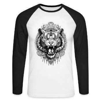 Yoga T-Shirt mit Tiger und Mandala - Unisex Baseballshirt langarm - Weiß/Schwarz - Vorne - Nik (191cm)