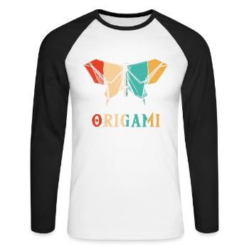 Rétro pliant hibou grue en papier maître origami - T-shirt baseball manches longues Homme - blanc/noir - Devant - Nik (191cm)