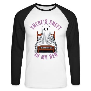 Funny Halloween Saying: There's Sheet In My Bed - Unisex Long Sleeve Baseball T-Shirt - white/black - Front - Nik (191cm)