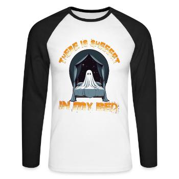 Halloween Ghost Humor in Bed - Unisex Long Sleeve Baseball T-Shirt - white/black - Front - Nik (191cm)