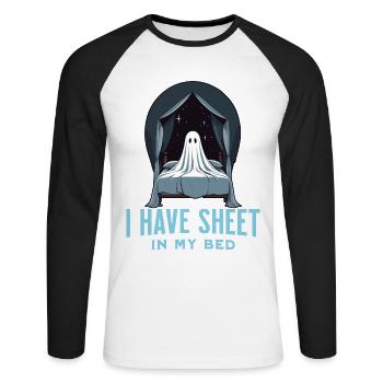 Funny Halloween Saying: There's Sheet In My Bed - Unisex Long Sleeve Baseball T-Shirt - white/black - Front - Nik (191cm)