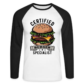 Certified Burger Specialist - Fast Food - Delicious - Unisex Long Sleeve Baseball T-Shirt - white/black - Front - Nik (191cm)