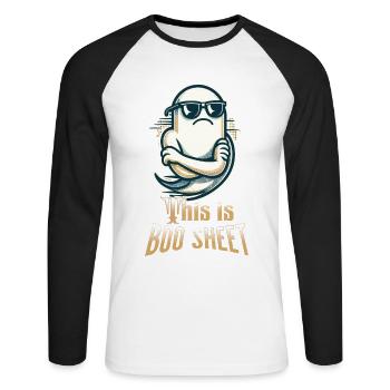 Drôle de fantôme d’Halloween avec texte de feuille Boo - T-shirt baseball manches longues Homme - blanc/noir - Devant - Nik (191cm)