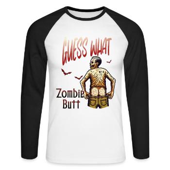 Halloween Spaß: Guess What Zombie Butt - Unisex Baseballshirt langarm - Weiß/Schwarz - Vorne - Nik (191cm)