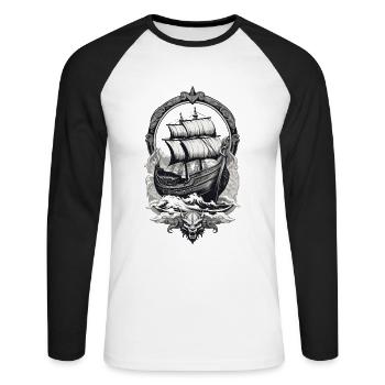 Voyage viking aventureux en haute mer - T-shirt baseball manches longues Homme - blanc/noir - Devant - Nik (191cm)