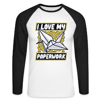 Ich liebe meine Papierkram Eule Papier Kranich Falten - Unisex Baseballshirt langarm - Weiß/Schwarz - Vorne - Nik (191cm)