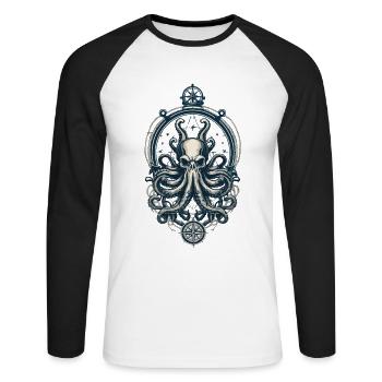 Octopus Sea Monster Pêcheur Voilier Capitaine de mer - T-shirt baseball manches longues Homme - blanc/noir - Devant - Nik (191cm)