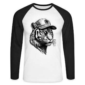 Tiger T-Shirt für lässigen urbanen Look - Unisex Baseballshirt langarm - Weiß/Schwarz - Vorne - Nik (191cm)