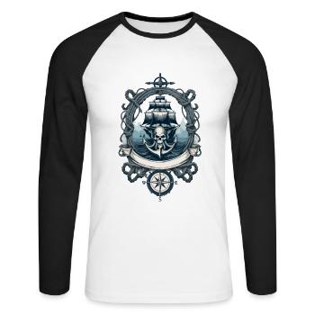 Pirate Adventure Sailing Ship Skull - Unisex Long Sleeve Baseball T-Shirt - white/black - Front - Nik (191cm)