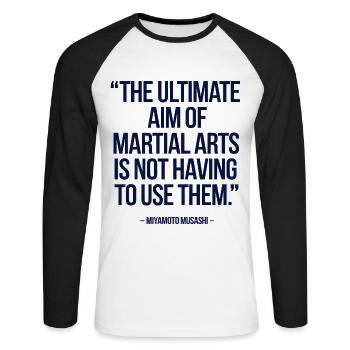 Miyamoto Musashi, das ultimative Ziel der Kampfkünste - Unisex Baseballshirt langarm - Weiß/Schwarz - Vorne - Nik (191cm)