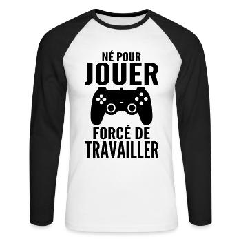 Born To Play Forced To Work Gamer Gift - Unisex Long Sleeve Baseball T-Shirt - white/black - Front - Nik (191cm)