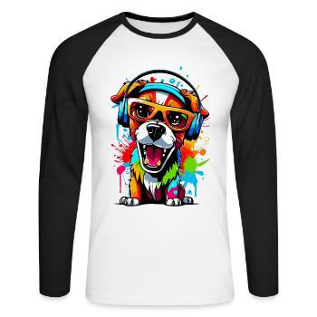 Hund mit Kopfhörer und Sonnenbrille - Unisex Baseballshirt langarm - Weiß/Schwarz - Vorne - Nik (191cm)