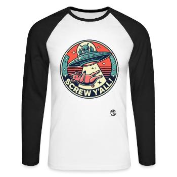 Alien Abduction Pig: Fuck You All! - Unisex Long Sleeve Baseball T-Shirt - white/black - Front - Nik (191cm)