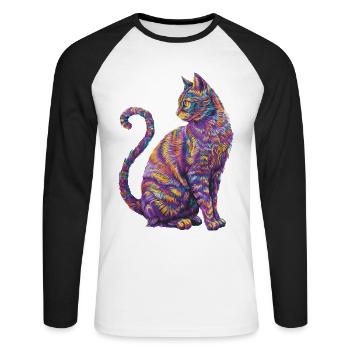 Lebendige psychedelische Katze - Bunte Katzenkunst - Unisex Baseballshirt langarm - Weiß/Schwarz - Vorne - Nik (191cm)