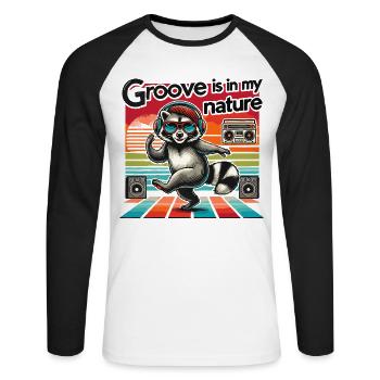 Groove ist in My Nature Cool Raccoon Retro Music - Unisex Baseballshirt langarm - Weiß/Schwarz - Vorne - Nik (191cm)