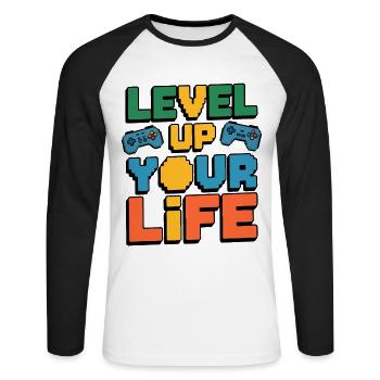 Level Up dein Leben – Motiv für Gamer - Unisex Baseballshirt langarm - Weiß/Schwarz - Vorne - Nik (191cm)
