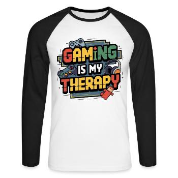 Zocken ist meine Therapie – Lustiges Gamer Design - Unisex Baseballshirt langarm - Weiß/Schwarz - Vorne - Nik (191cm)