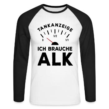 Tank leer - Ich brauche Alk - Sauf Spruch - Unisex Baseballshirt langarm - Weiß/Schwarz - Vorne - Nik (191cm)