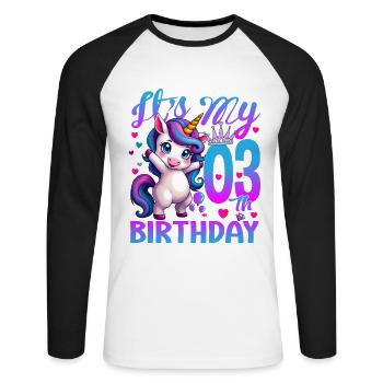 3ème anniversaire Licorne C’est mon 3ème anniversaire - T-shirt baseball manches longues Homme - blanc/noir - Devant - Nik (191cm)