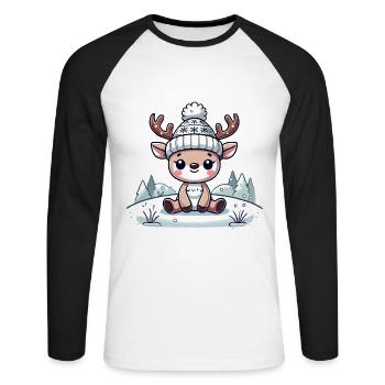 Mignon renne dans la neige Noël - T-shirt baseball manches longues Homme - blanc/noir - Devant - Nik (191cm)