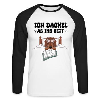 chien teckel tenue de couchage lunettes de lecture mignon woof - T-shirt baseball manches longues Homme - blanc/noir - Devant - Nik (191cm)