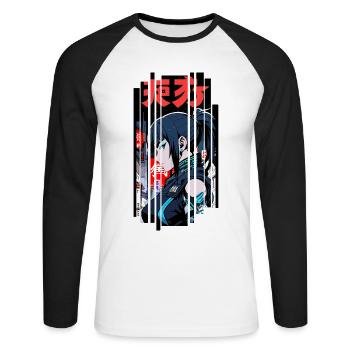 Ver.1 - Cyborg Japan bleu kanji - T-shirt baseball manches longues Homme - blanc/noir - Devant - Nik (191cm)