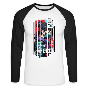 Ver.1 - Cyborg Japan rouge bleu kanji - T-shirt baseball manches longues Homme - blanc/noir - Devant - Nik (191cm)
