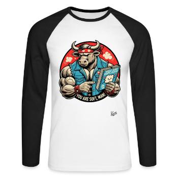 Bodybuilder Taurus Reads Book: You're Soft, Man - Unisex Long Sleeve Baseball T-Shirt - white/black - Front - Nik (191cm)