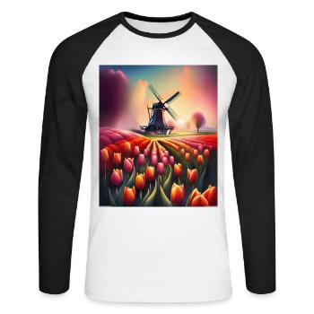 Ferme de tulipes à Amsterdam, Pays-Bas - T-shirt baseball manches longues Homme - blanc/noir - Devant - Nik (191cm)
