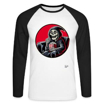 Grim Reaper Cineast mit Popcorn - Unisex Baseballshirt langarm - Weiß/Schwarz - Vorne - Nik (191cm)