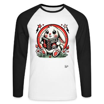 Lapin mignon lisant un livre : Restez hardcore - T-shirt baseball manches longues Homme - blanc/noir - Devant - Nik (191cm)