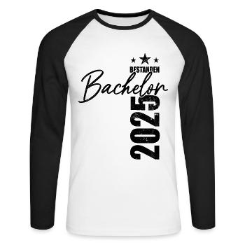 Bachelor bestanden 2025 - Prüfung - Erfolg - Unisex Baseballshirt langarm - Weiß/Schwarz - Vorne - Nik (191cm)