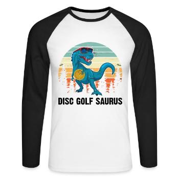 Disc golfeur Saurus - Disc Golf Dinosaure - T-shirt baseball manches longues Homme - blanc/noir - Devant - Nik (191cm)