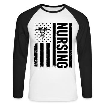 Nurse Nursing US Flag - Hospital Nurse - Unisex Long Sleeve Baseball T-Shirt - white/black - Front - Nik (191cm)