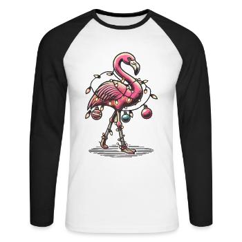Flamant rose de Noël drôle avec des guirlandes lumineuses - T-shirt baseball manches longues Homme - blanc/noir - Devant - Nik (191cm)