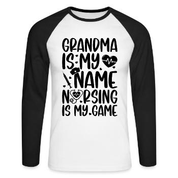 Grand-mère est mon nom, l’allaitement est mon jeu - Infirmière Gran - T-shirt baseball manches longues Homme - blanc/noir - Devant - Nik (191cm)